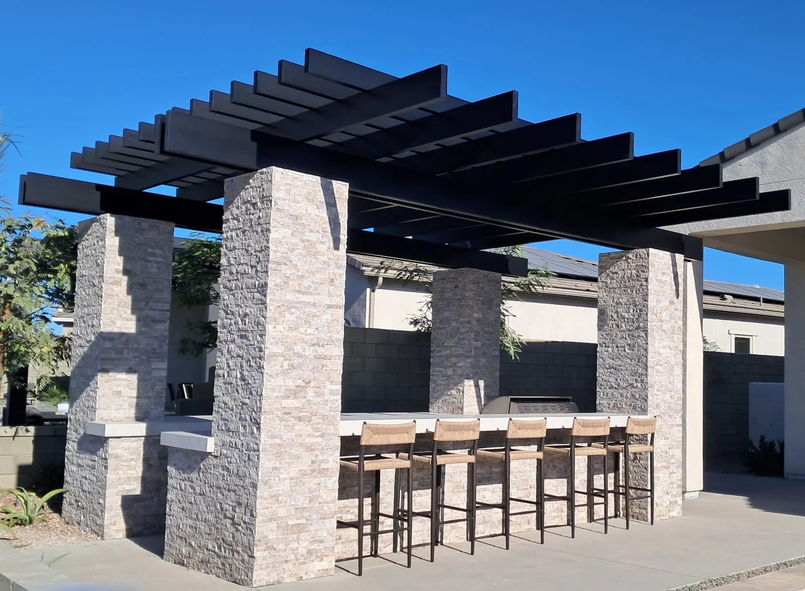 4K freestanding pergola for a patio with stone columns